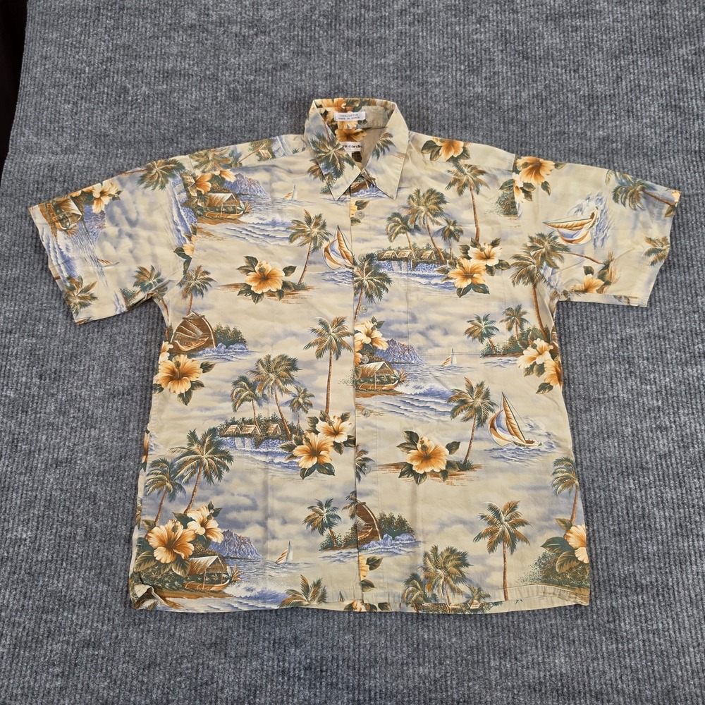 VTG Pierre Cardin Hawaiian Shirt Mens L Large Cotton Aloha Palm Tree Resort...